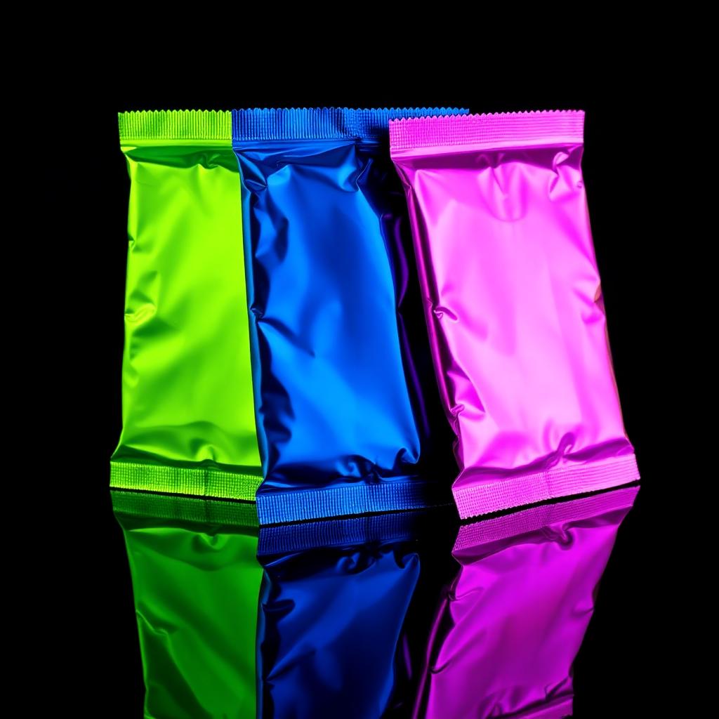 Three Packd foil packs in lime, blue and violet