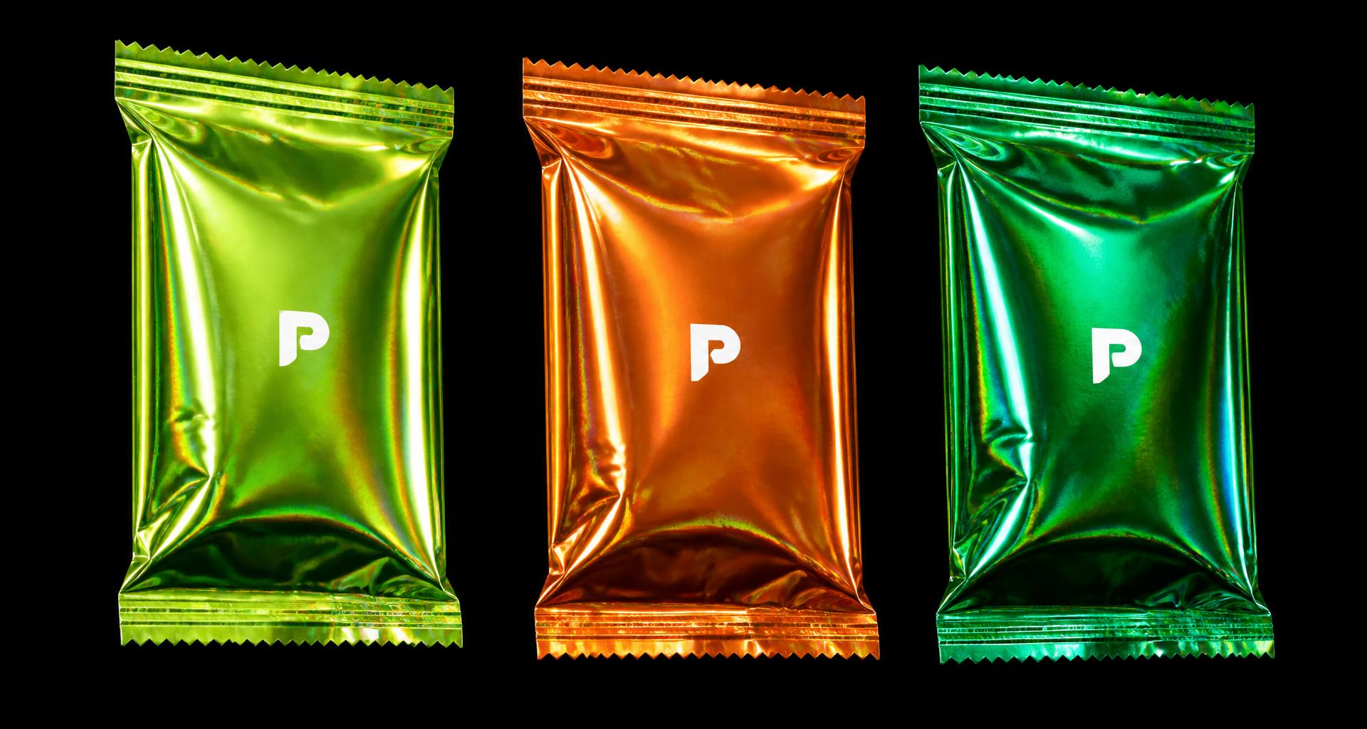 Three Packd holographic foil booster packs in lime, orange and emerald