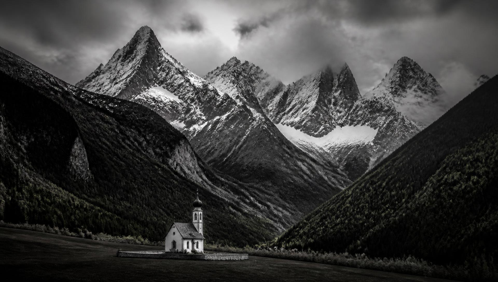 Alpine mountain valley in black and white